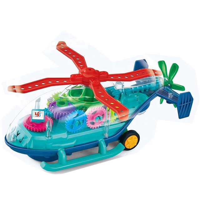 Kids Light up Electric Bump and Go Transparent Gear Airplane 360 Rotating Universal Wheel Helicopter Toys with Music