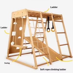 Estructura de Madera Sólida para Escalar con Tobogán, Columpio, Anillo y Cuerda de Escalada, Combinación para Parques de Diversiones Interiores y Exteriores - Product Image 2