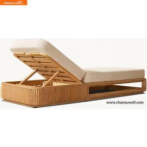 Conjunto de Chaise Longue de Teca Moderna Hecha a Mano con Contorno Recortado Abierto, Borde Biselado y Asiento Acolchado para Todo Clima - Product Image 3