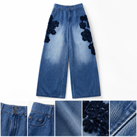 Anjie – Nouveaux Jeans en Denim pour Femmes avec Logo Personnalisé OEM ODM, Applique Florale 3D en Chiffon, Marque Privée, Coupe Large, Denim Texturé Fait Main, Vente en Gros