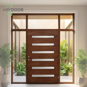 Porta in Legno Stile Francese con Vetro ad Arco Superiore <span class=keywords><strong>e</strong></span> Doppi Pannelli Laterali per Case, Porta d'Ingresso in Legno Massello di Quercia <span class=keywords><strong>e</strong></span> Mogano - Product Image 4
