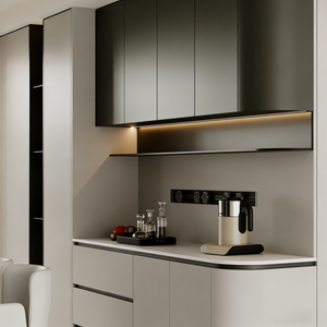 Armoire de rangement pour ustensiles de salle à manger en bois massif en forme de L personnalisée avec étagères ouvertes et grands tiroirs Design moderne - Product Image 1