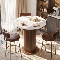 Table à manger ronde en pierre frittée de 31,5 pouces, base en bois massif cannelé, blanc et brun, pour cuisine, salon, bar à domicile