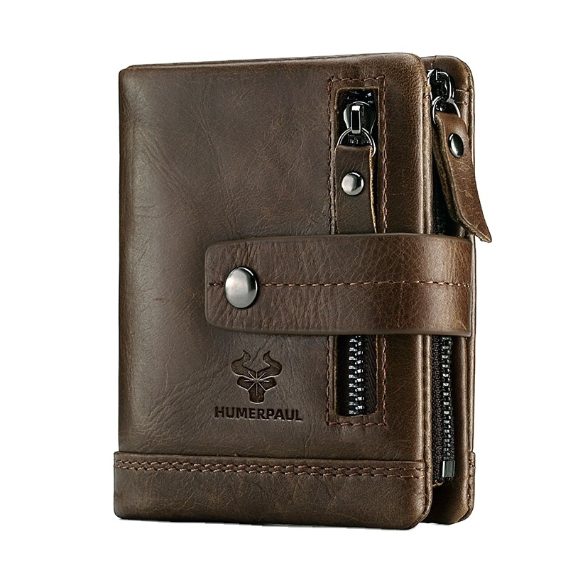 HUMERPAUL Genuine Leather Men's Bifold RFID Wallet – Zipper Coin Pocket & Card Holder