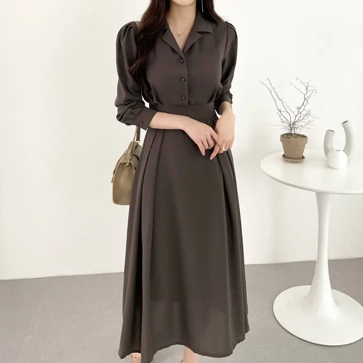 New Fashion Lady Korean Style One Piece Dress Long Sleeve Single Breasted Shirt Dress Women