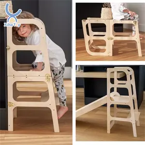 XIHA Wooden Kitchen Helper Foldable Convertible Table Chair Kids Montessori Learning Tower With Slide Adjustable Step Stool Sets