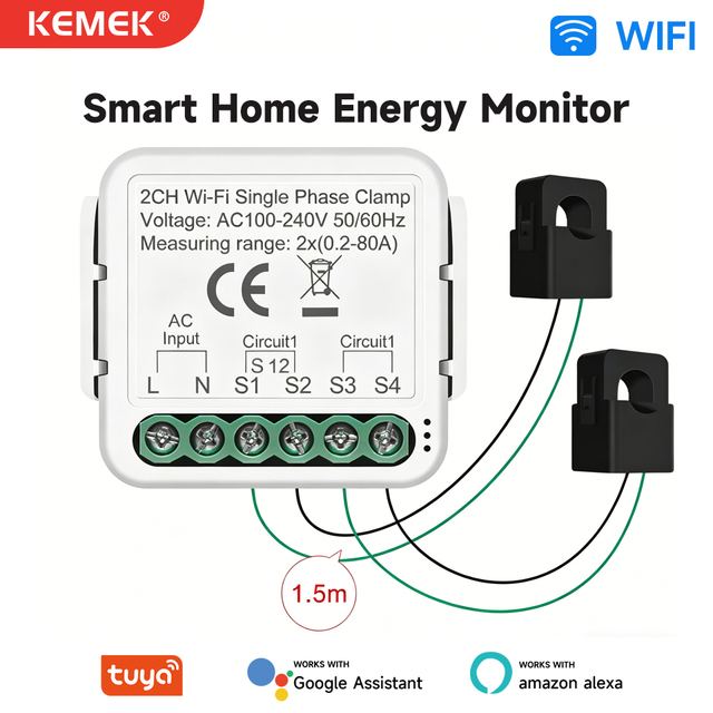 Tuya Smart Life WiFi Energy Consumption Monitor with 80A CT for Home Automation Bidirectional Power Meter