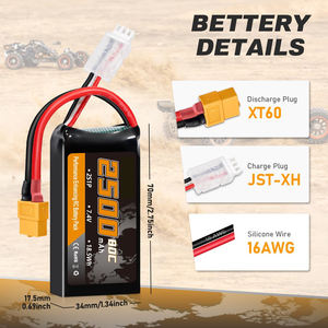 Batería Lipo 2S 2500mAh 7.4V 80C de Alta Tasa de Descarga con Conector XT60 para Dron Cuatricóptero RC FPV - Product Image 3