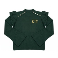 Pull personnalisé pour femme grande taille avec logo, épaules à volants, décorations de perles, broderie de lettres dorées, haut en tricot surdimensionné à manches longues