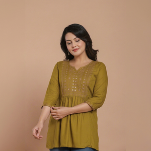 <b>Women's</b> Olive Green Cotton <b>Kurta</b> With Embroidery 3/4 Sleeve Casual Loose Fit Regular Length Ethnic Wear India Pakistan Style - Product Image 1