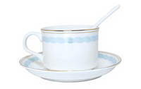 Ensemble tasse à thé et soucoupe en porcelaine fine de style européen, bordure or et rouge, avec cuillère, vente en gros, écologique, cadeau de mariage, logo personnalisé