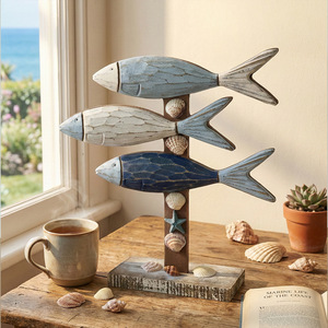 Figura de Pez de Madera, Estilo Mediterráneo, Acabado Vintage Envejecido, Decoración para el Hogar, Adorno para Sala de Estar o Escritorio - Product Image 1