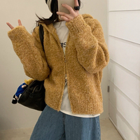 Pull cardigan à capuche en laine pour femme, motif uni, fermeture éclair, style coréen doux, tricot ample, anti-rides