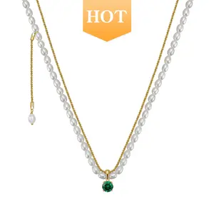 RINNTIN GPN30 Luxury Jewelry 14K Gold Plated Layers Pearl Necklace With Green CZ 925 Sterling Silver Freshwater Pearls Necklace