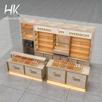 Ensemble de vitrines de présentation pour boulangerie, écologiques, durables, avec finition marbre, cadre en métal doré et base éclairée par LED, pour les boulangeries et pâtisseries