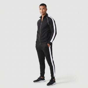 Ensemble de survêtement d'hiver noir 100 % coton avec fermeture éclair, pantalon de jogging léger à col montant, vêtements de sport et de détente avec logo - Product Image 1