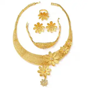 18K Kalung Bunga Kristal Mewah Anting Afrika Set Perhiasan untuk Wanita Anak Perempuan Warna Emas Nigeria Hadiah Pernikahan
