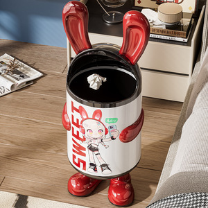 Flip Top Trash Can Cartoon Bunny Ear Design Cylindrical Indoor Waste Bin For Kitchen Living Room - Product Image 1