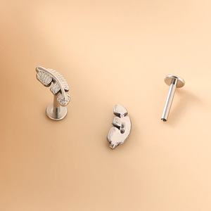 F136 Titanium Feather Flat Back Stud <b>Earrings</b> | Internally Threaded Cartilage, Lip, and Helix <b>Piercing</b> Studs for Women - Product Image 4