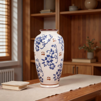 Vase en céramique bleu et blanc vintage, centre de table pour console de cheminée, décoration chinoiserie, vases floraux pour la décoration intérieure