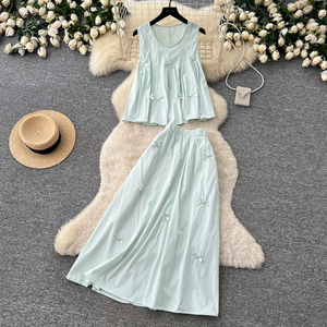 Atasan Tanpa Lengan Wanita Musim Panas Rok Midi Pinggang Tinggi Set Dua Potong Dekorasi Pita Lucu Pakaian Kasual Manis - Product Image 3