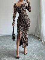 Robe moulante extensible à imprimé léopard pour femme 2026, asymétrique à une épaule, manches longues, froncée, avec cordon de serrage et fente, amincissante, pour le quotidien