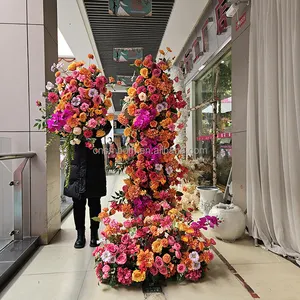 新しいデザイングランドシルクゴージャスなオレンジフラワーランナーアレンジメント造花結婚式の装飾