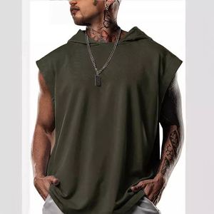 French 0.7 Cotton 0.3 Polyester Quality Best Short Embroidery Fabric <strong>Sleevless</strong> <strong>Hoodies</strong> with Custom Drawstrings Designs - Product Image 2