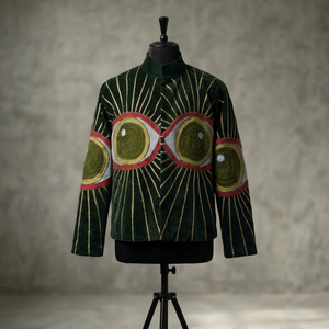 Chaqueta Bomber de Terciopelo Azul con Bordado del Signo de la Paz, Estilo Boho, Corta, Abierta por Delante, Ecológica, Vintage, Étnica, Personalizada para Mujer - Product Image 1