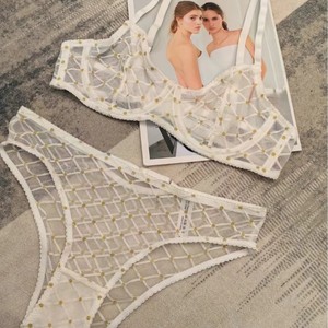 New Ultra-thin Embroidery Underwear Checkered Lace Lingerie Hot Set Sexy <b>Perspective</b> Bra Set Steel Ring Gathering - Product Image 3