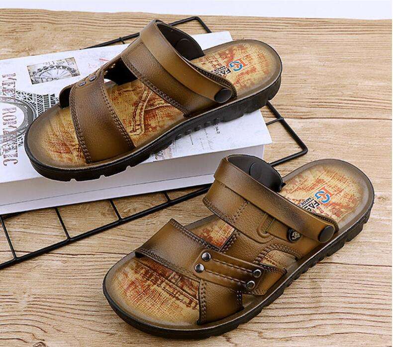 Men\'s Yellow Leather Athletic Sandals Sport Outdoor Hiking Sandals Open Toe CQONEPT Mens Faux-Leather Sandals Open Toe Athletic Sport  main image 3