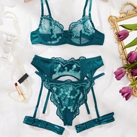 Ensemble de lingerie 4 pièces en dentelle brodée motif marguerite vert sarcelle, soutien-gorge push-up à bordure cils avec jarretelles S-L