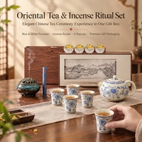 Service à thé - Ensemble en céramique bleu et blanc - Théière, pot à thé à poignée, tasse à thé - Cadeaux d'affaires/Ensemble cadeau d'entreprise