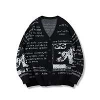 Pull cardigan à lettres imprimées de style américain pour hommes, mode de rue décontractée, col en V, manches régulières, veste en tricot 100% polyester