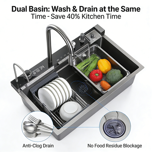 Fregadero de Cocina de Acero con Acabado Cromado Gunmetal, Diseño Moderno, Multifuncional, Doble Tazón, Grifo Cascada, Enjuagador de Tazas, para Hogar y Hotel - Product Image 5