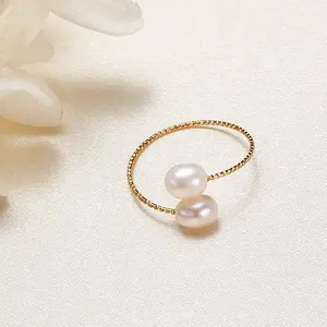 14k Gold Natural Freshwater Pearl Rings Adjustable Rice Pearl Ring