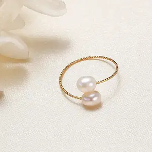 Cincin Mutiara Air Tawar 14K, Cincin Mutiara Dapat Disesuaikan Beras