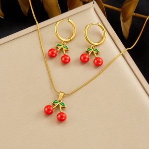 Cherry Pendant Gold Plated Stainless Steel Necklace And Earrings Set For Women Fashion Jewelry Gift - Product Image 1