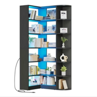 Venta caliente 6 niveles negro MDF esquina estantería luz LED moderno en forma de L estante de exhibición de almacenamiento para el hogar Oficina estilo de Panel de madera