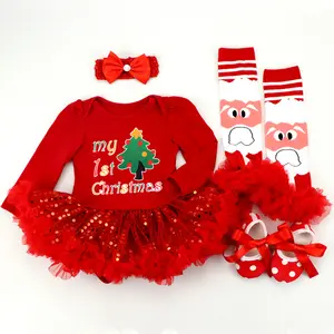 natal kostum bayi Suppliers-Gaun Baju Monyet Kostum Natal Pertama Bayi Perempuan, Gaun Penghangat dengan Ikat Kepala Kaki Sepatu Sinterklas Tutu Rok Bayi Natal 2021