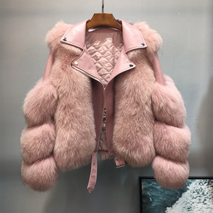 Mode vraie fourrure de renard moto cuir manteau de fourrure en peau de mouton femmes vestes et manteaux d'hiver - Product Image 4