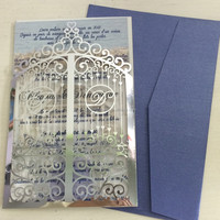 Invitation de mariage chrétienne unique en papier doré métallisé, découpe au laser argentée métallique