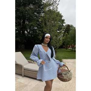 Kişiselleştirilebilir Mavi Gingham Desenli Mini Elbise Zarif Vintage İmparatorluk Kesim Puf Kollu XS XL Günlük Parti Balo İlkbahar Fırfırlı Özel Astarlı - Product Image 4