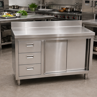 Meja Kerja Stainless Steel dengan Laci dan Kabinet Pintu Geser Meja Persiapan Dapur Komersial dengan Backsplash