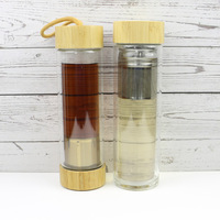 Bouteille à infuseur à thé en verre borosilicate à double paroi de 450 ml avec couvercle en bambou, tasse de voyage résistante à la chaleur, sans BPA, logo personnalisé, en gros