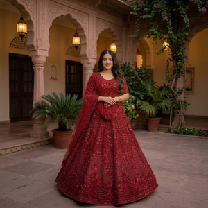 Lehenga Choli de Seda Roja Bordada, Vestido de Novia Tradicional para Mujer, Estilo Indio/Pakistaní, Corte Holgado y Largo hasta el Suelo - Product Image 1