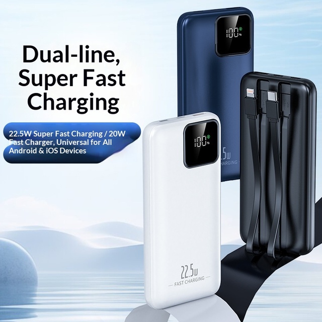 Hot Sale Portable Power Bank with 10000mAh Large Capacity 22.5W Fast Charging Built-in Cableand Customizable Logo Printing