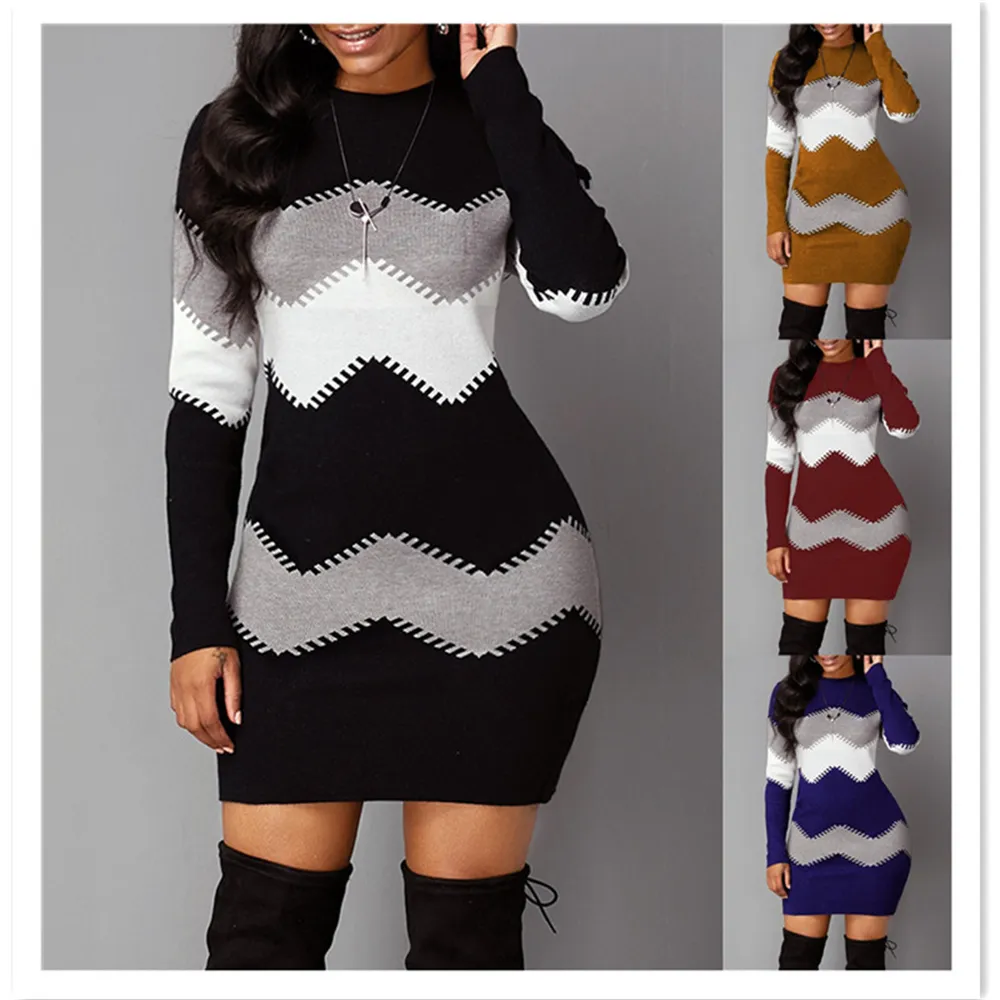 Hot Sales Multi-Color Round Neck Mini Sweater Dress Top Long-Sleeved Casual Sweater Dress Slim For Female Striped Sweater Dress
