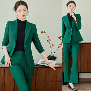 Green Striped Women's Suit Set Polyester Anti-Wrinkle Casual Professional Wear - Product Image 1