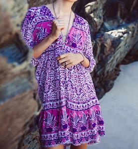 Mini <span class=keywords><strong>vestido</strong></span> bohemio con estampado floral <span class=keywords><strong>azul</strong></span>, cuello en V, manga 3/4, vestidos <span class=keywords><strong>para</strong></span> mujer, nueva temporada, estilo holgado de verano, vestidos de <span class=keywords><strong>playa</strong></span> bohemios EBAH002 - Product Image 6